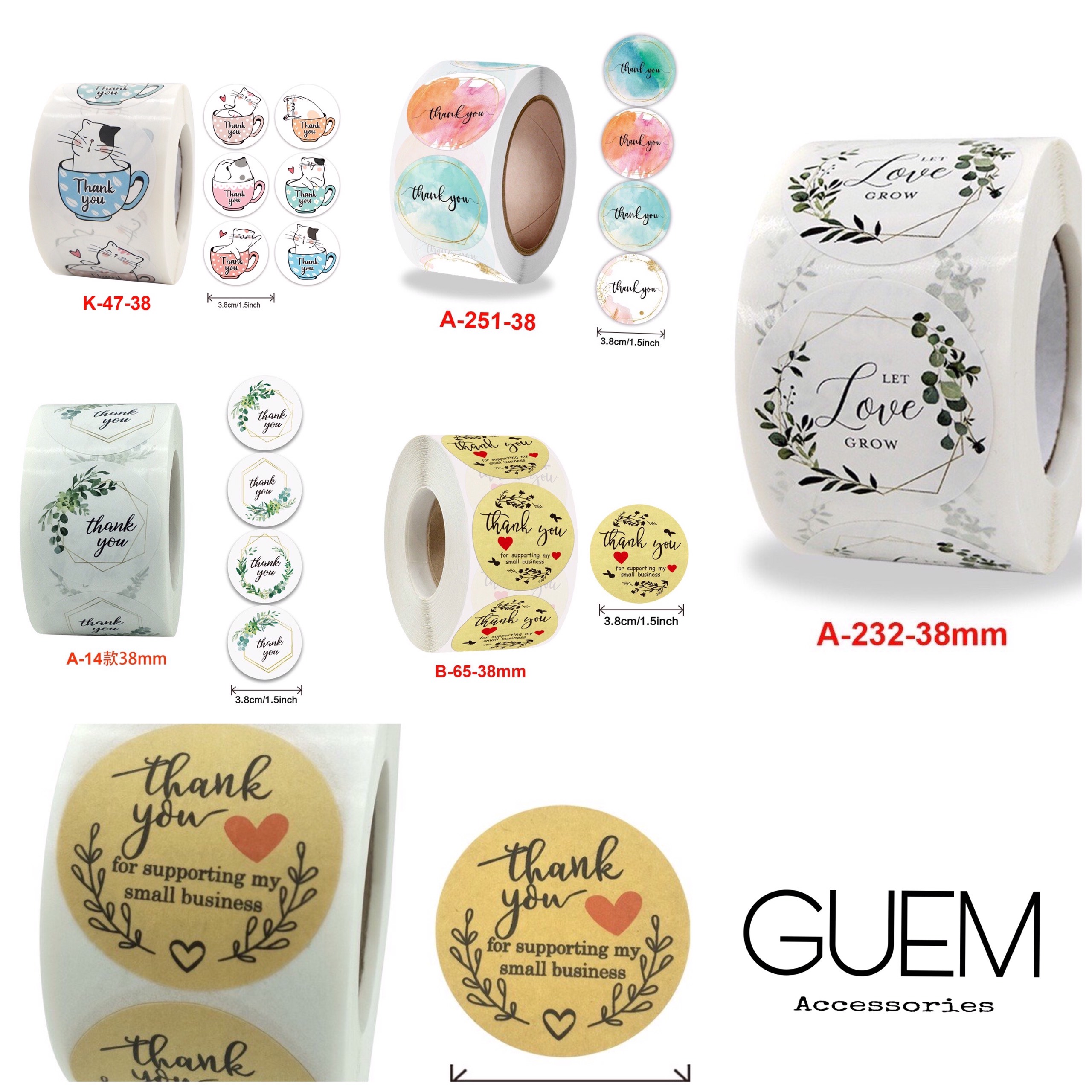Cuộn sticker thank you 500 nhãn dán loại 38mm guem deco diy