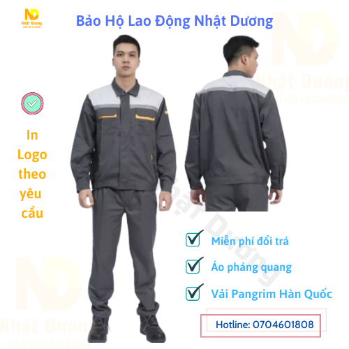 Quần áo bảo hộ lao động nam nữ có phản quang PR04 màu xám phối, Đồng phục bảo hộ lao động bền chắc
