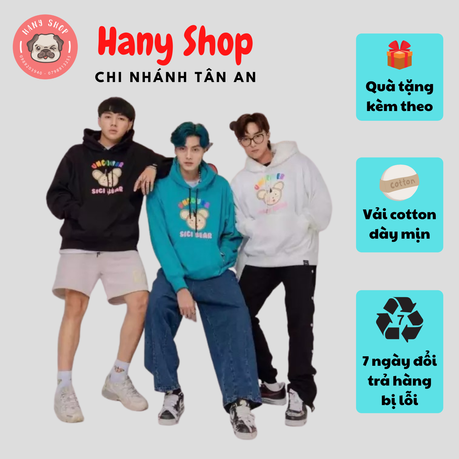 Áo hoodie Uncover Sici Bear chữ 7 màu chất nỉ bông 2 lớp dày mịn giữ ấm tốt Hany Shop Chi Nhánh Tân An AH10
