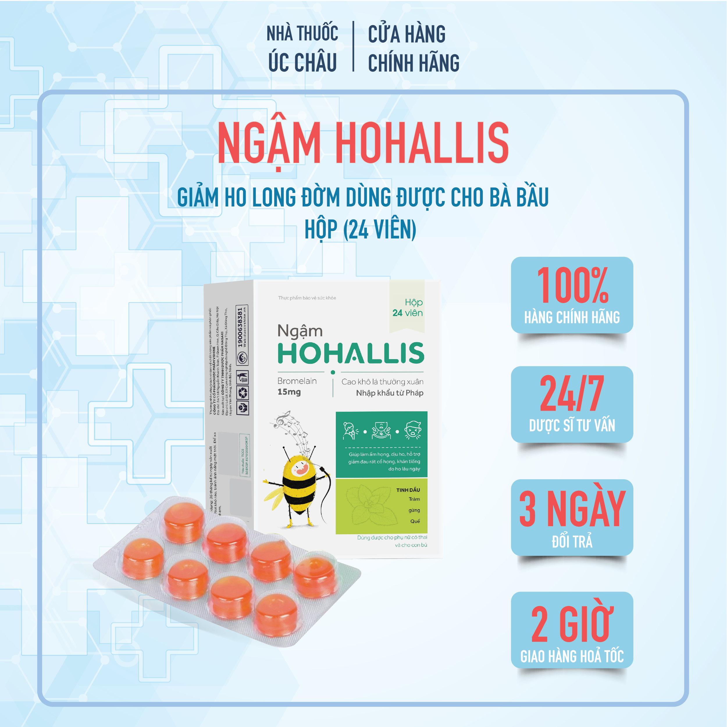 [Cam Kết Hiệu Quả] Viên Ngậm Ho Hohallis Giảm Ho Long Đờm Dùng Được Cho Bà Bầu Hộp 24 Viên