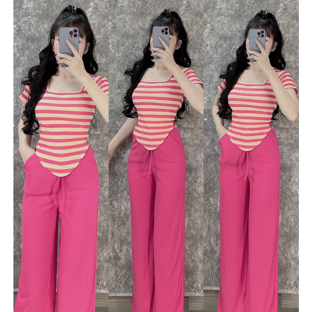 Set đồ bộ nữ tay ngắn quần dài thun cotton sọc vằn
