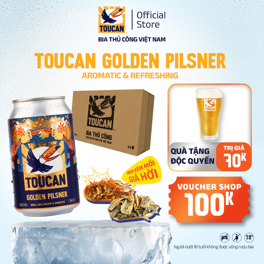Bia Thủ Công Toucan Golden Pilsner - Hương Hoa Bia Cơm Cháy & Mật Ong Thùng 24 Lon 330ml
