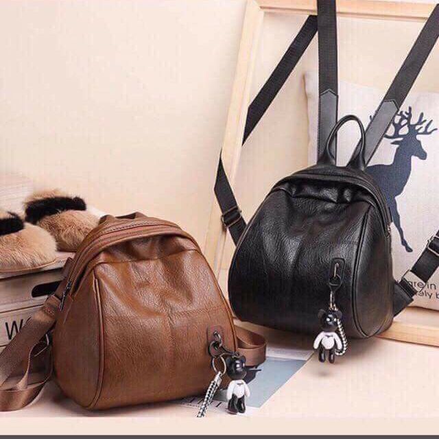Balo nữ da 2 dây kéo - balo thời trang da mềm mại - tặng kèm móc khóa gấu xinh xắn
