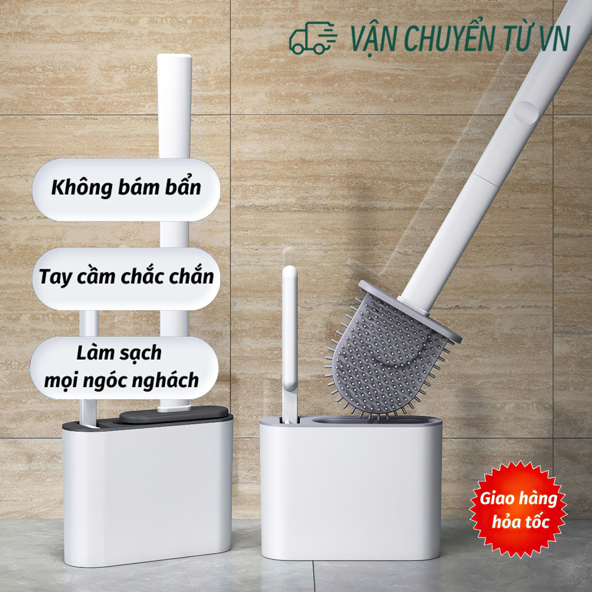Bàn chải vệ sinh toilet cỡ lớn + bàn chải nhỏ cán dài không cần khoan bằng silicone