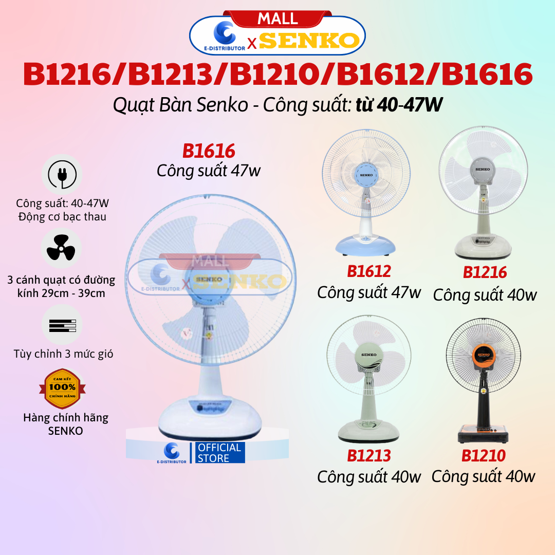 Quạt điện b4, b3 senko để bàn tiện lợi cao cấp b1216 - b1213 - b1210 - b1616 - b1612 - hàng chính hãng - bảo hành 24 tháng