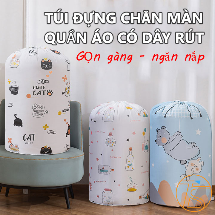 Túi đựng chăn màng, quần áo, mùng mềm bằng vải PEVA có dây rút 45x85cm - Túi lưu trữ bảo quản quần áo