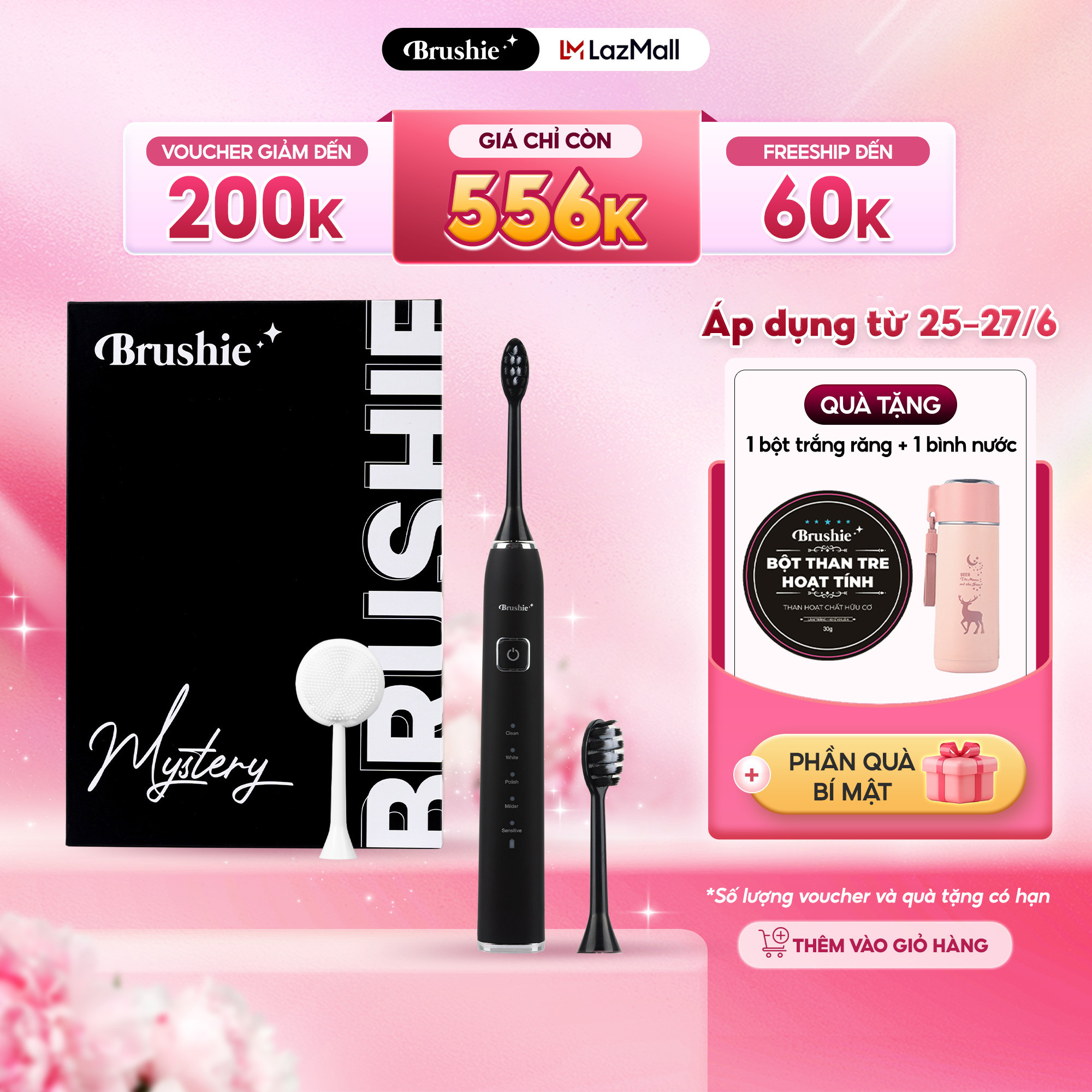 [LAZSOCIAL100K 25/6 giảm 15% đơn từ 250K tối đa 100K] Bàn chải điện Brushie 5 chế độ, bàn chải phù hợp cho cả người niềng răng, ban chai dien, bàn chải điện công nghệ sóng âm, chải sạch mảng bám
