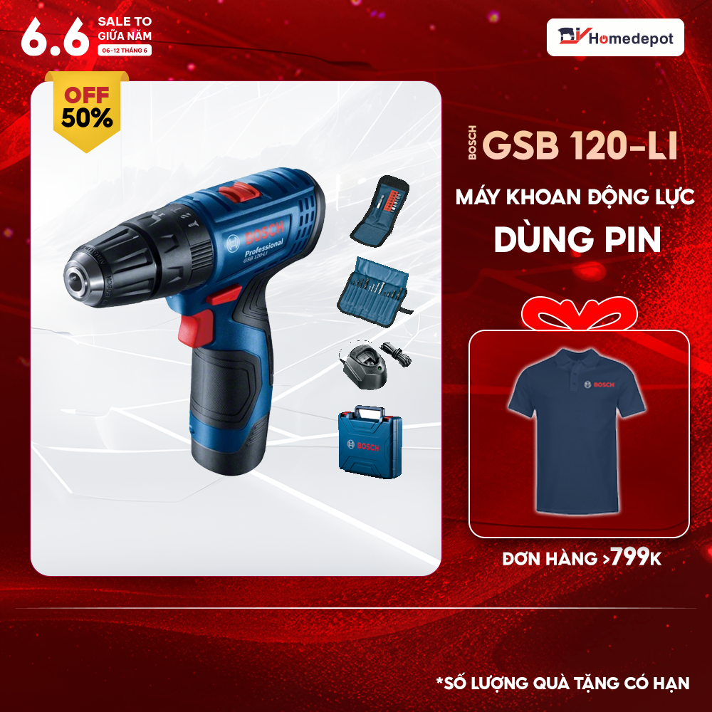 Máy khoan pin Bosch GSB 120-LI 3 chế độ (1 pin 12V 2AH + 1 sạc + bộ mũi khoan ) - Hàng chính hãng