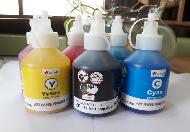 6 màu mực dầu Epson Pigment UV 100ml không phai màu, chống nước: Xanh, Đỏ, Vàng, Đen, xanh light, đỏ light, dùng bơm, đổ, nạp vô hệ thống ngoài máy in phun Epson