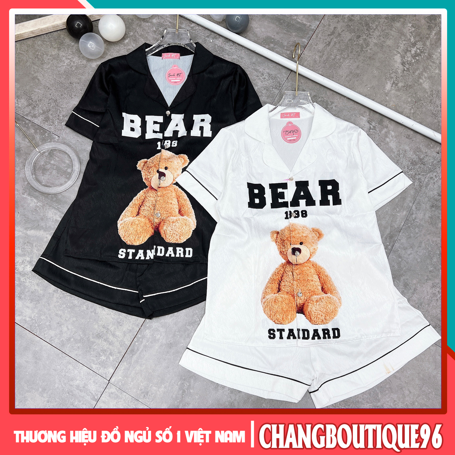 Bộ ngủ, đồ ngủ pijama mặc nhà nữ lụa xước ánh kim, bộ đồ ngủ nữ mặc nhà lụa thiết kế in 3d gấu bear, bộ pizama mặc nhà đáng yêu