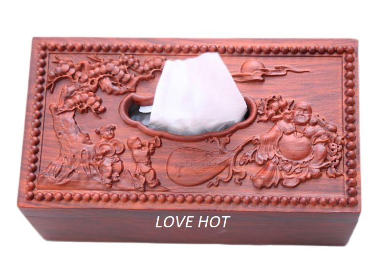 [HCM]Hộp đựng khăn giấy gỗ HƯƠNG đỏ tự nhiên cao cấp mặt đục Phật Di Lặc