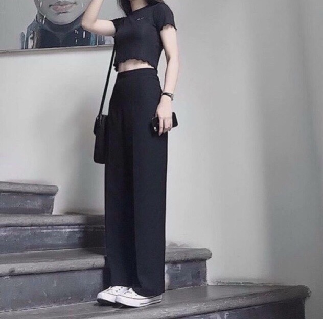 💝 HOT TREND 2021 💝 Set Áo Croptop Tay Cộc Quần Suông Ống Rộng Xuông Dài Xinh a2