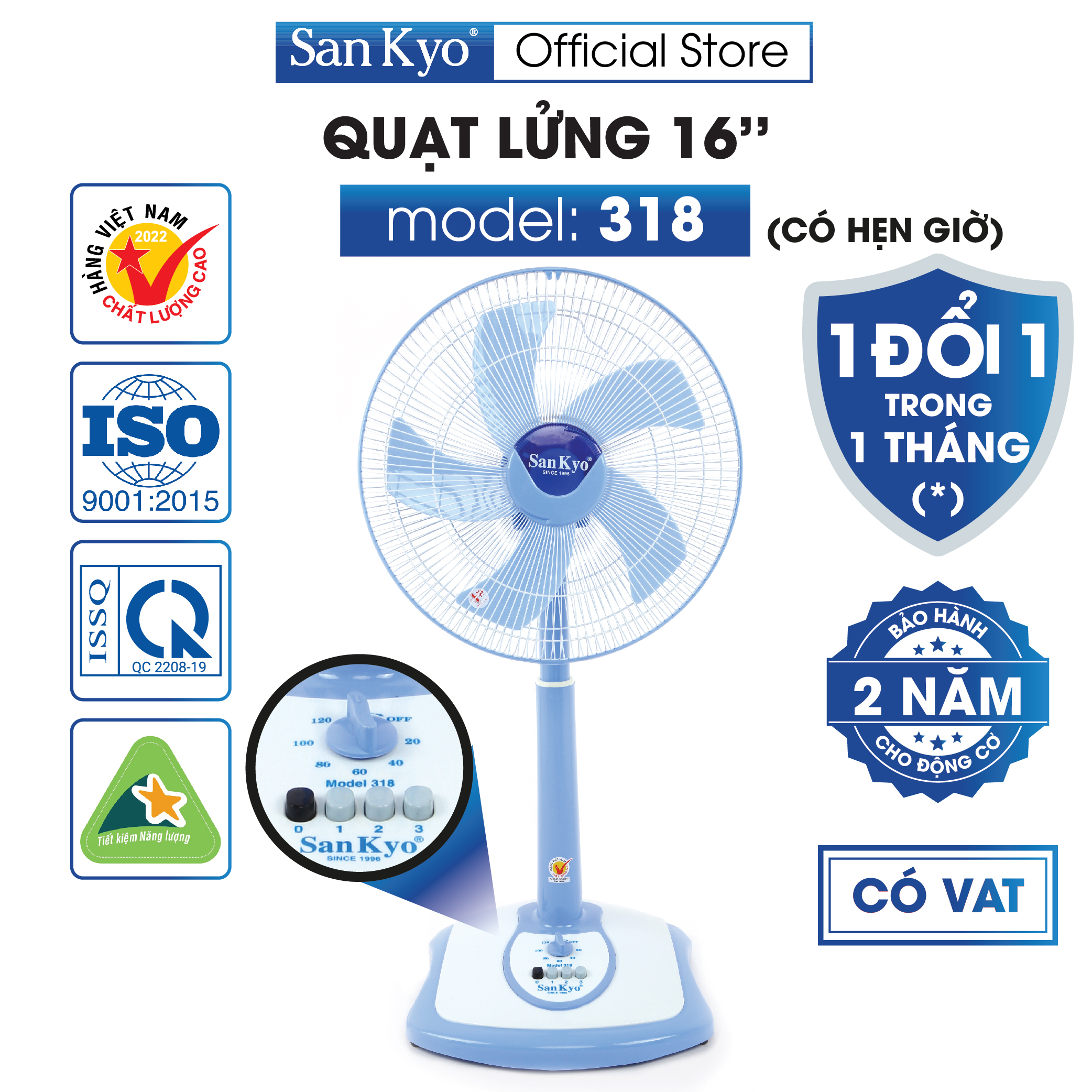 Quạt Lửng 318 Sankyo - Có Hẹn Giờ - Động Cơ Motor Dây Đồng - Cỡ Lớn 16 Inch