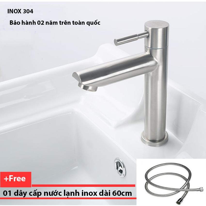 Vòi Lavabo Xả Lạnh Cắm ChậuQH-DL009 Inox 304 Nguyên Khối - Tặng Kèm Dây Cấp Lạnh Inox Dài 60cm- Bảo Hành 2 Năm Toàn Quốc