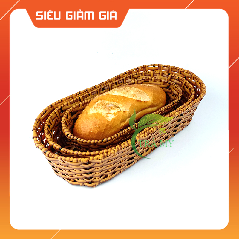 Khay oval đựng bánh mì nhựa mây đan. khay đựng hoa quả rau sống bàn điểm tâm