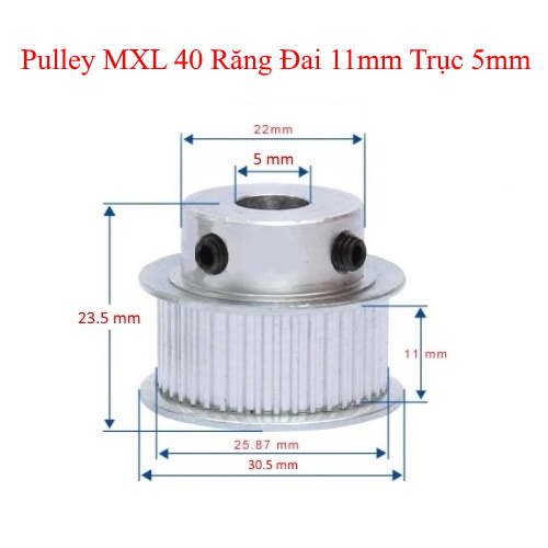 Pulley Bánh Răng Nhôm MXL40 40 Răng Bản Rộng Đai 11mm Trục 5mm