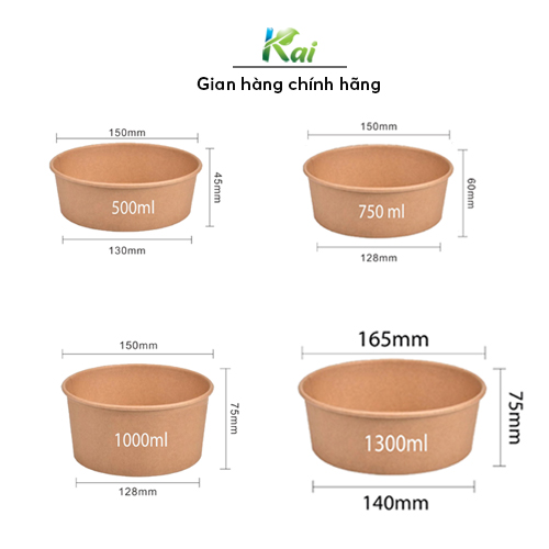 50 Tô giấy Kraft đủ size: 500ml / 750ml / 1000 ml / 1300ml, KÈM NẮP trong suốt, an toàn vệ sinh thực phẩm, Giá sỉ