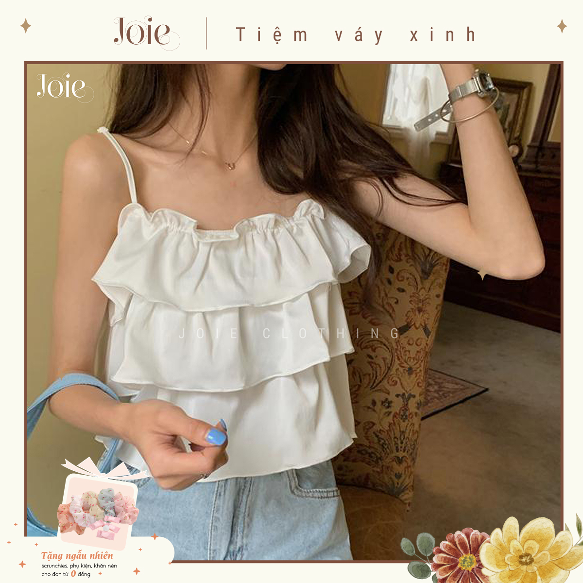 Áo hai dây 2 tầng đũi lụa viền bèo tiểu thư hàn quốc - joie