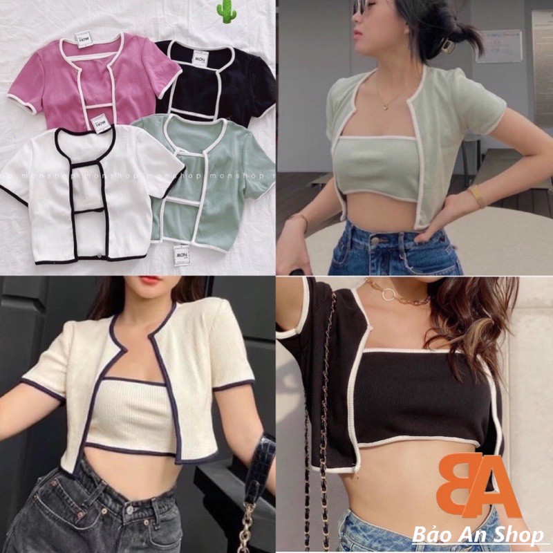 [HCM]Set áo gân viền kèm áo ống croptop bộ 2 sản phẩm vải thun 4 chiều Free Size 40-53kg dành cho nữ cá tính sexy