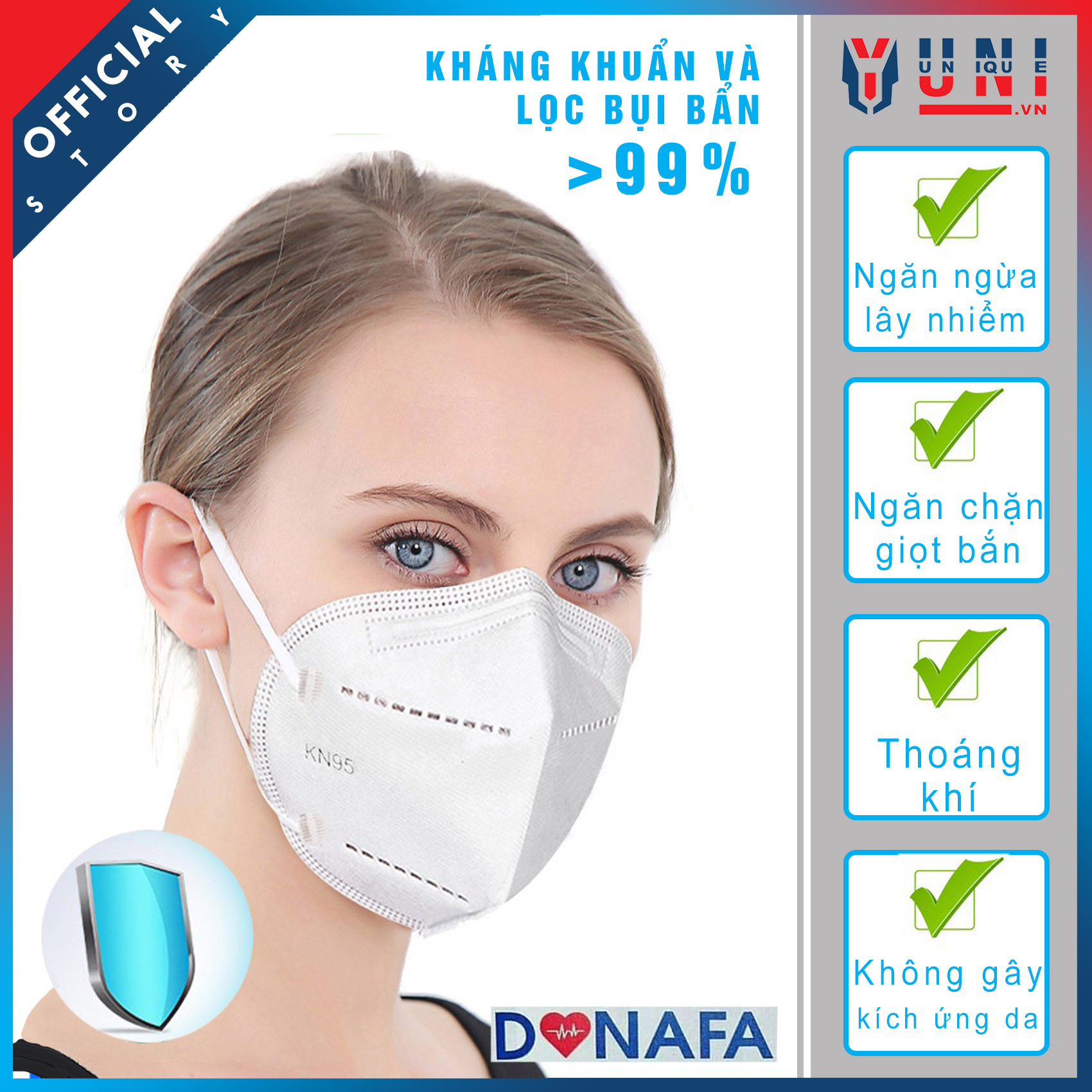 Khẩu trang y tế KN95 DONAFA kháng khuẩn và lọc bụi bẩn 99%, khẩu trang 5 lớp lọc ngăn chặn giọt bắn lây lan (10cái/hộp).