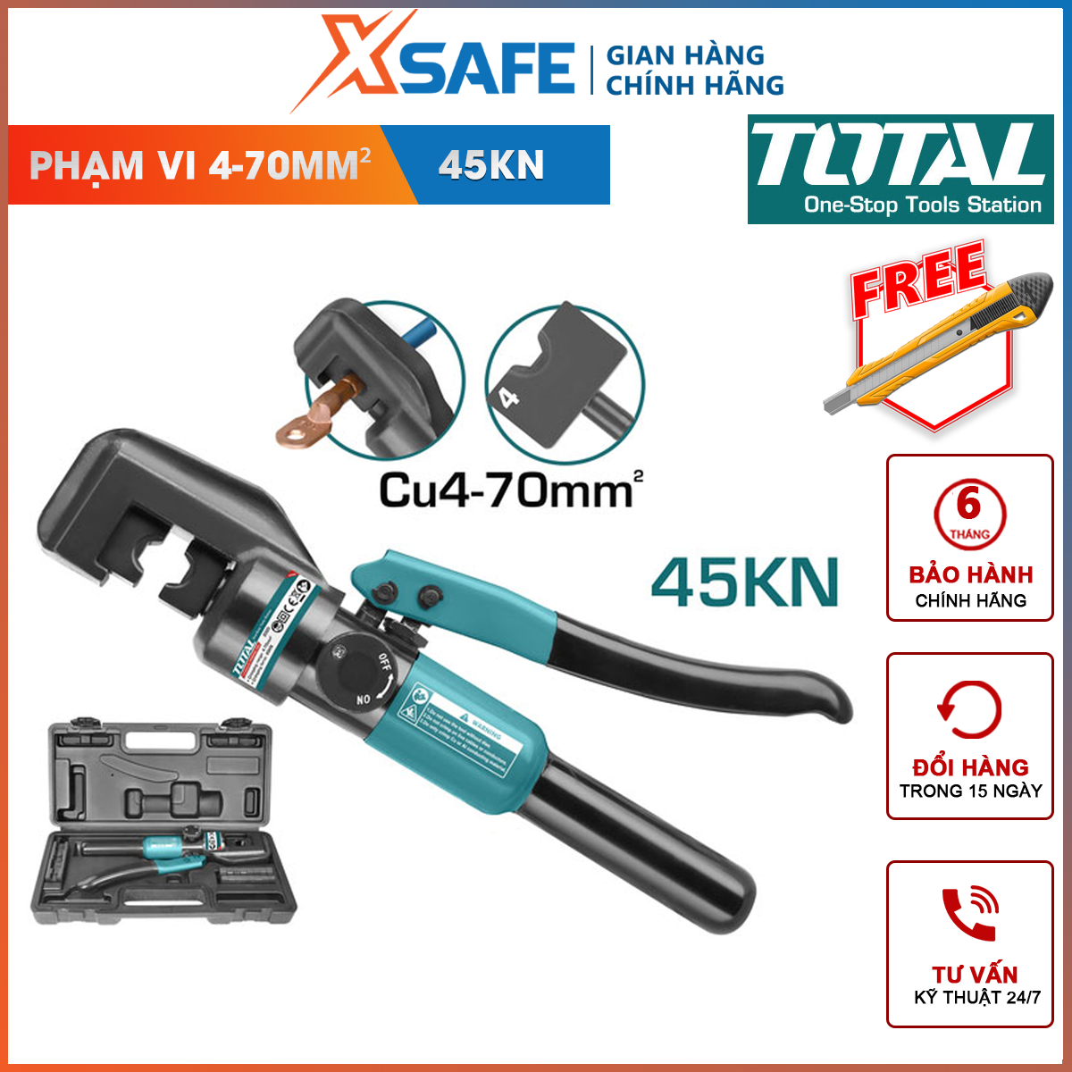 Kìm ép cos thủy lực TOTAL THCT070 | kềm thủy lực Phạm vi uốn ống đồng 4-70mm², Lực uốn 45KN, Kích thước uốn 11mm, Chiều dài khoảng 310mm ép chặt đầu cos với dây điện, dây cáp chắc chắn, an toàn