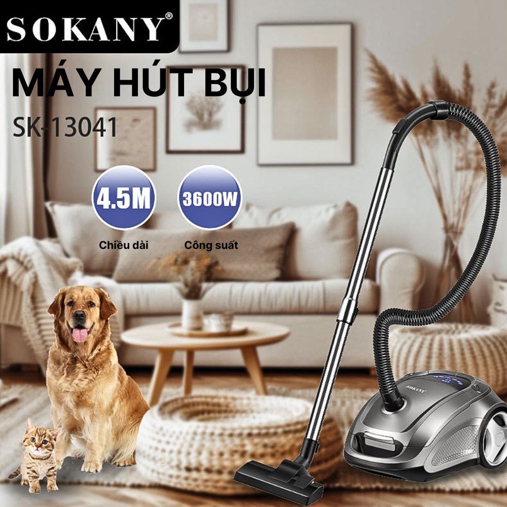 Máy hút bụi gia đình SOKANY SK13041 công suất cao 3600W, chống ồn, có đầu hút giường nệm, lực hút cực mạnh, hút sạch bụi bẩn