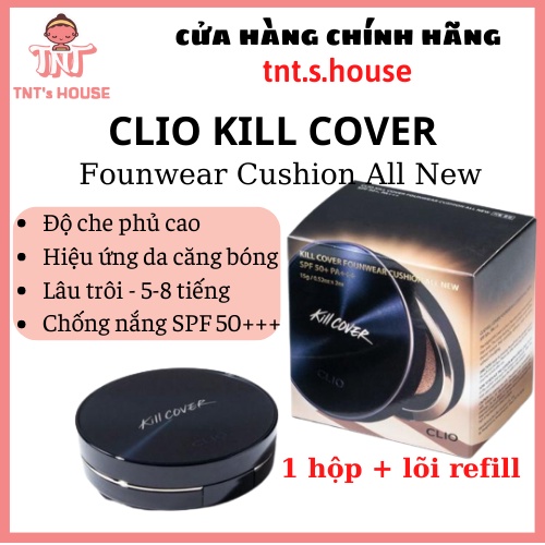 Cushion Clio, Phấn nước trang điểm Clio Kill Cover Founwear Cushion All New độ che phủ cao (kèm lõi) đủ bill