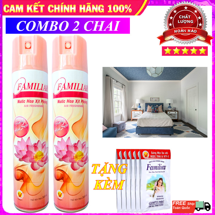 Combo 2 Chai Xịt Phòng Familiar Hương Thơm Hoa Sen 380ml - Nước Hoa Xịt Phòng [TẶNG NGAY] 1 Dây Sữa Tắm Tinh Chất Sữa Dê Familiar 12 Gói 5 ml