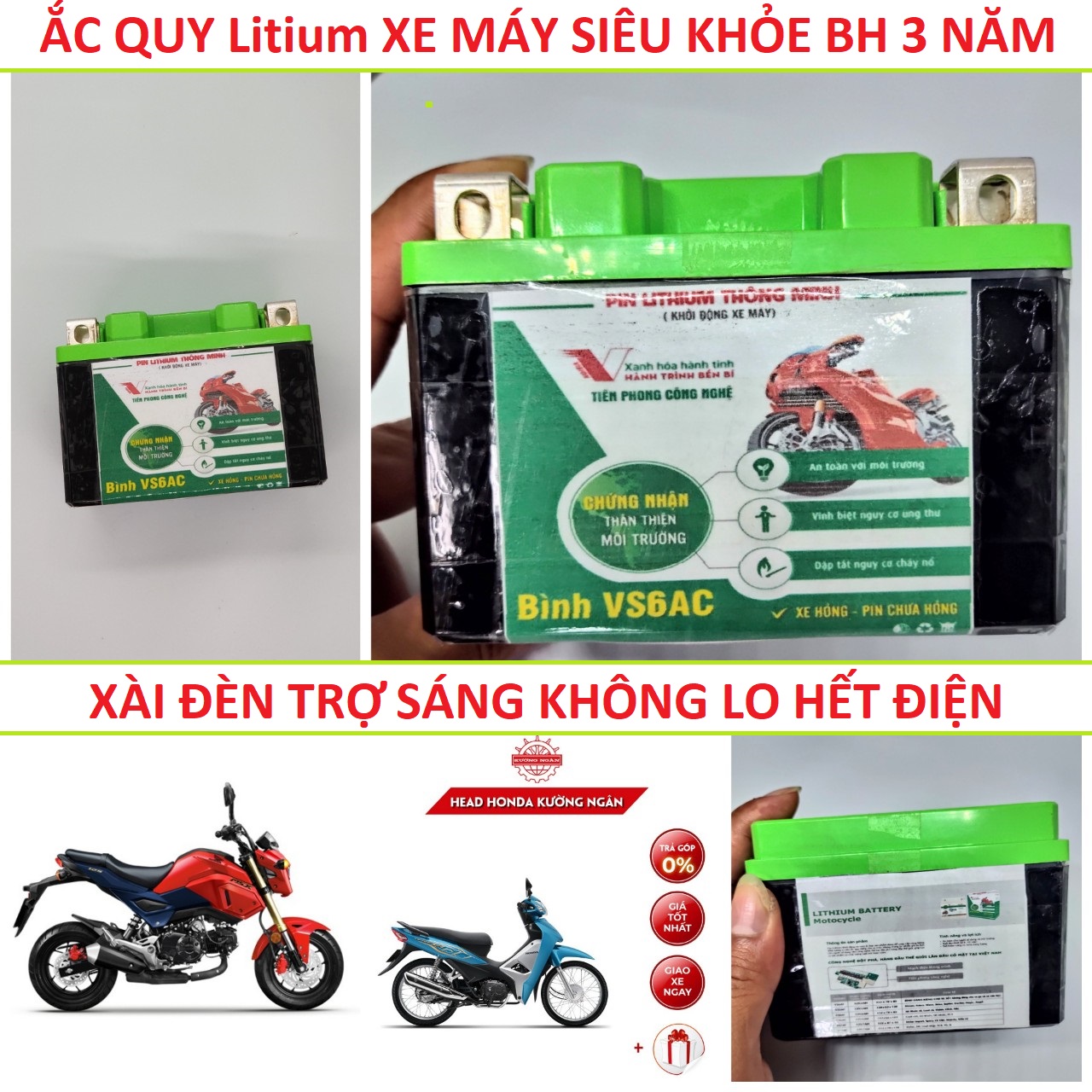 Ắc quy xe máy Siêu khỏe Pin Lithium LifePO4 6Ah - 8Ah sử dụng > 5 năm, Bình ắc quy xe máy litium loạ