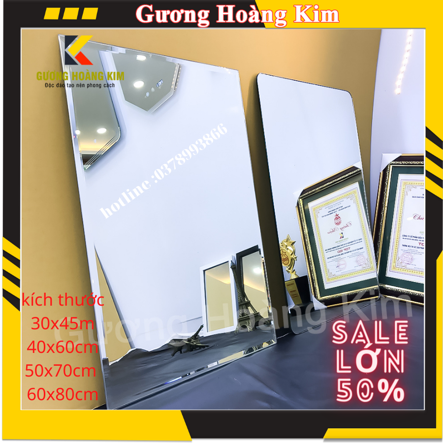 Gương soi chữ nhật nhà tắm hoàng kim treo tường dán tường kích thước 60x80cm mài vát dán hoặc treo tường guonghoangkim-Mirror
