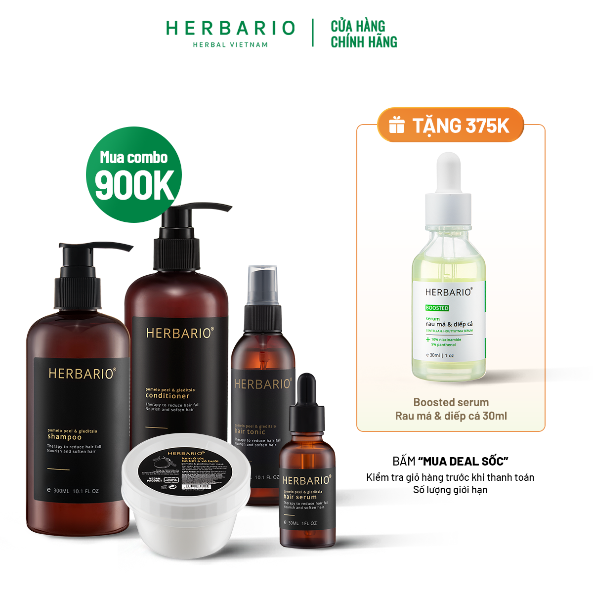 Bộ 5 chăm sóc tóc bồ kết vỏ bưởi herbario: dầu gội 300ml + dầu xả 300ml + xịt dưỡng 100ml + serum 30ml + kem ủ tóc 200ml