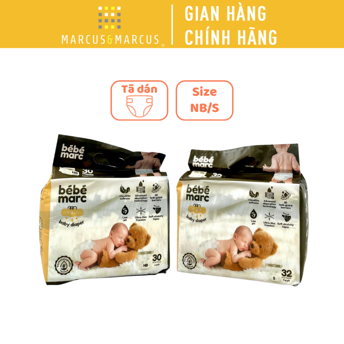 Tã Dán Siêu Mỏng Nhẹ Dành Cho Bé bébémarc - Gói Lớn (Newborn, S)