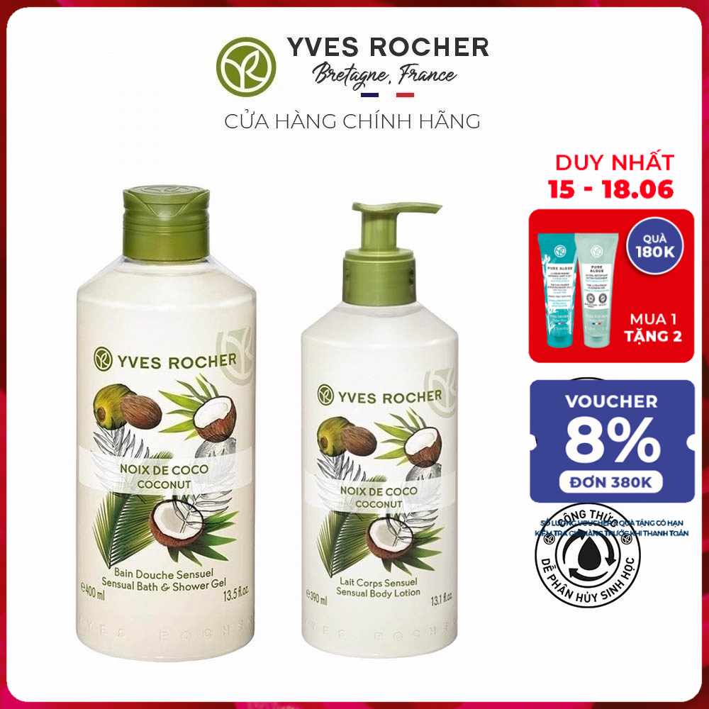 Combo Làm Sạch và Dưỡng Ẩm Yves Rocher Coconut Sensual Body Lotion 790ml