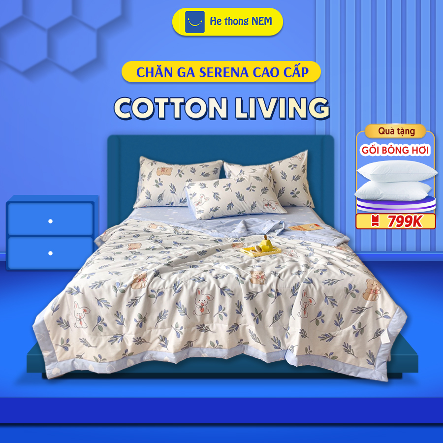 Bộ chăn ga gối đệm 5 món chăn trần bông cao cấp Cotton Living thoáng mát, mềm mại, họa tiết lá xanh pastel SERENA cao cấp