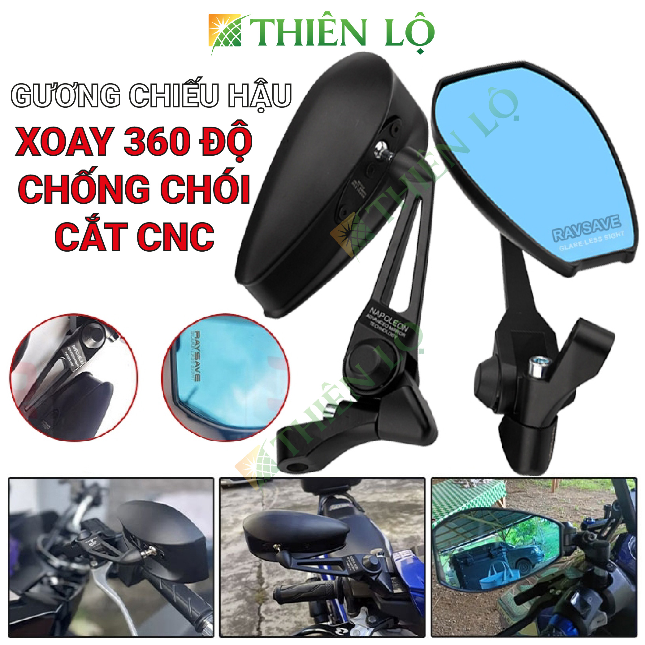 Gương chiếu hậu xe máy chống chói cao cấp xoay 360 độ bằng hợp kim nhôm cao cấp độ bền cao Thiên Lộ