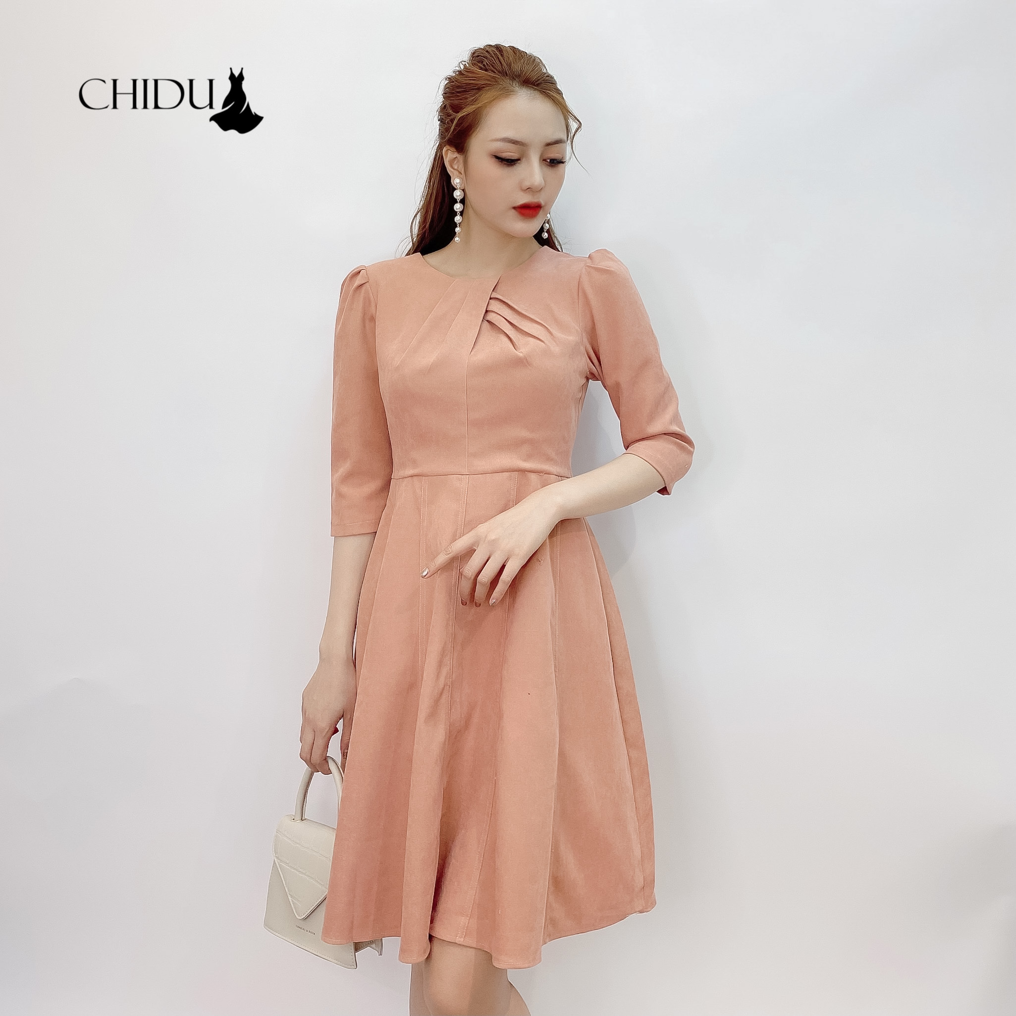 CHIDU Váy len tăm cổ xoắn dáng xoè, váy công sở dự tiệc nữ tính SP280