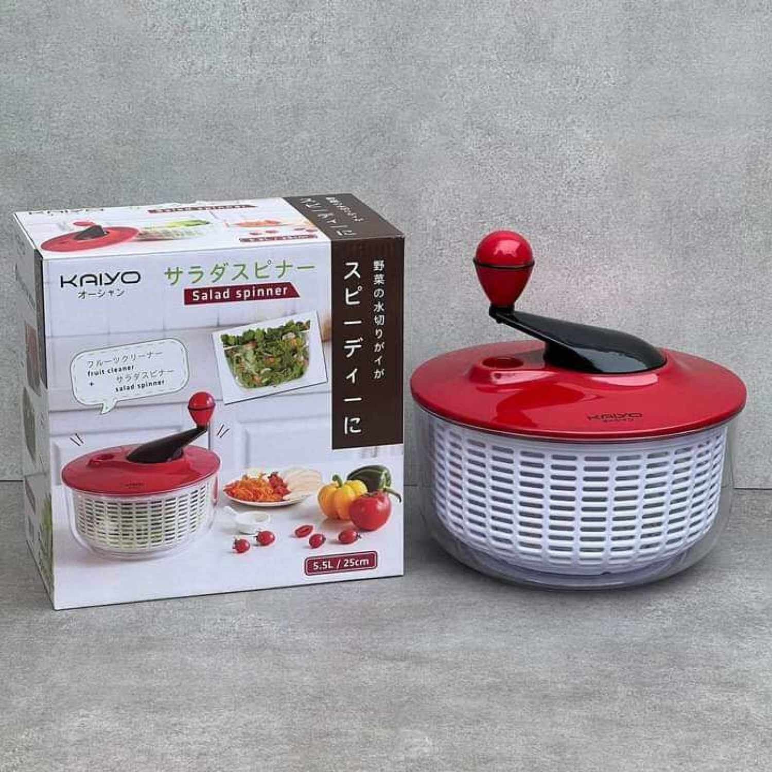 Rổ quay rau li tâm Kaiyo Nhật Bản dung tích 5.5L đường kính 26cm chất liệu nhựa PP an toàn sức khỏe Hàng chính hãng