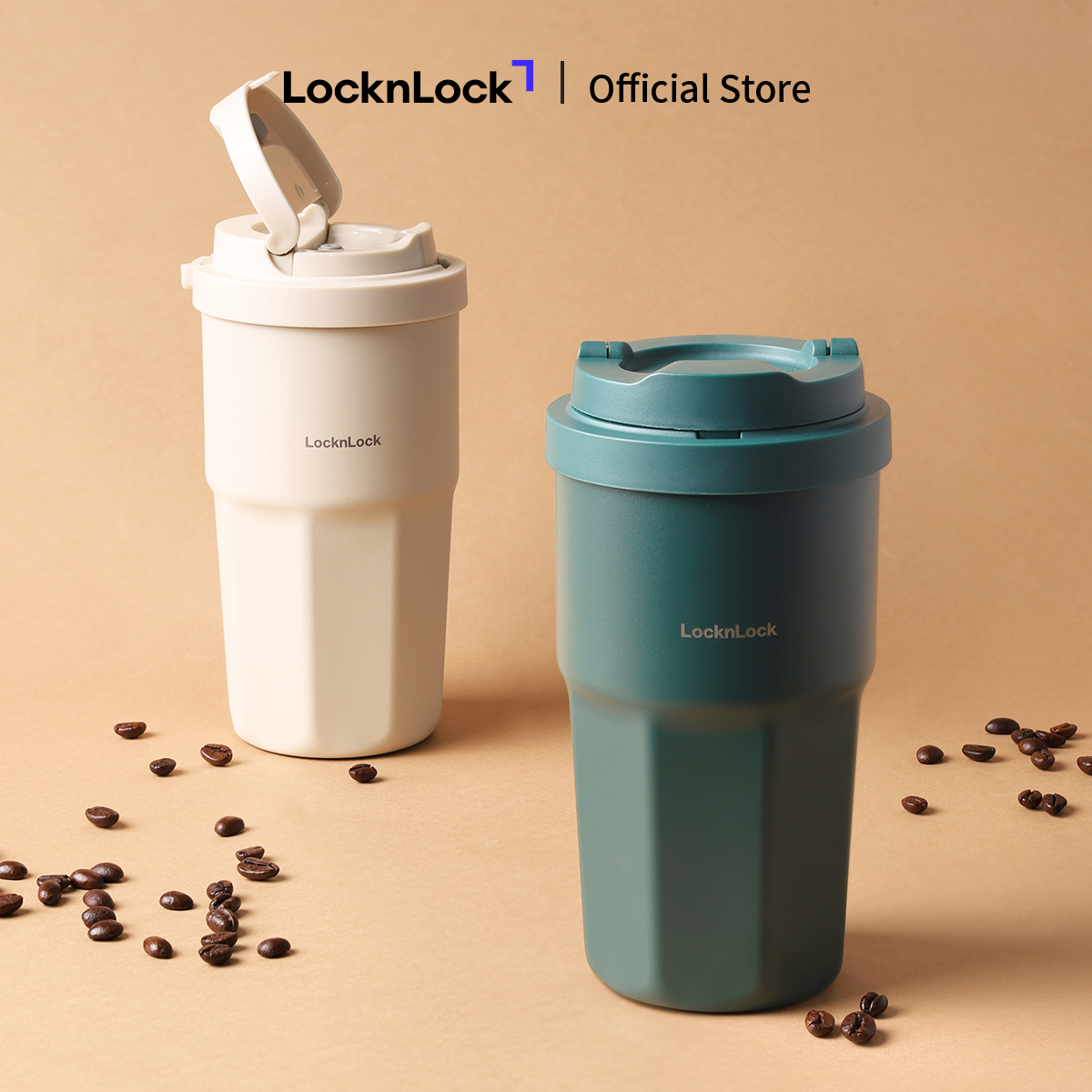 Bình giữ nhiệt LockLock Vacuum Coffee Tumbler LHC3329 dung tích 460ml - Thân bình thép không gỉ - Màu Be / Màu xanh lá đậm