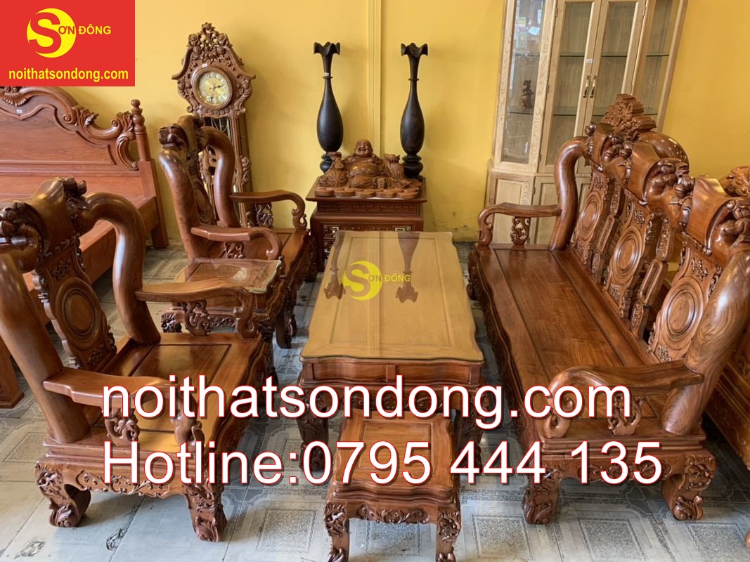 Bộ bàn ghế hương đá chạm đào đẹp vai cong cổ điển 6 món tay 12 BBG3610