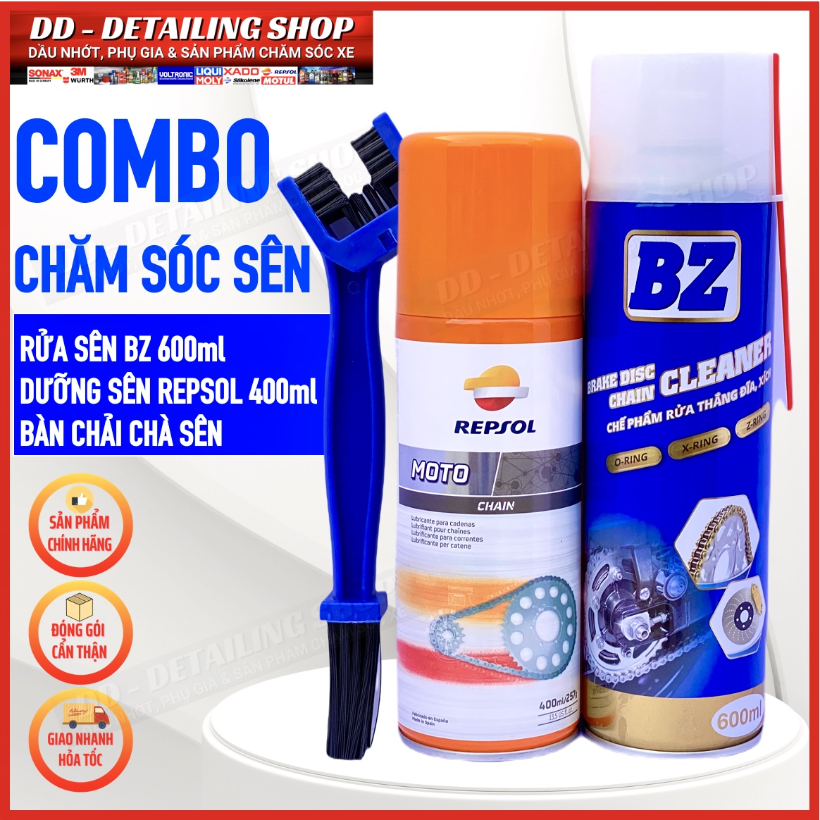 Bộ combo chăm sóc sên: rửa sên bz + dưỡng sên repsol + bàn chải chà sên bz brake chain cleaner 600ml, repsol moto chain 400ml