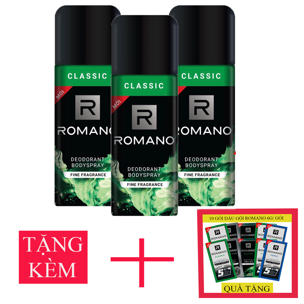 Bộ 3 chai xịt khử mùi toàn thân Romano Classic 150ml/chai +Tặng 10 gói dầu gội Romano
