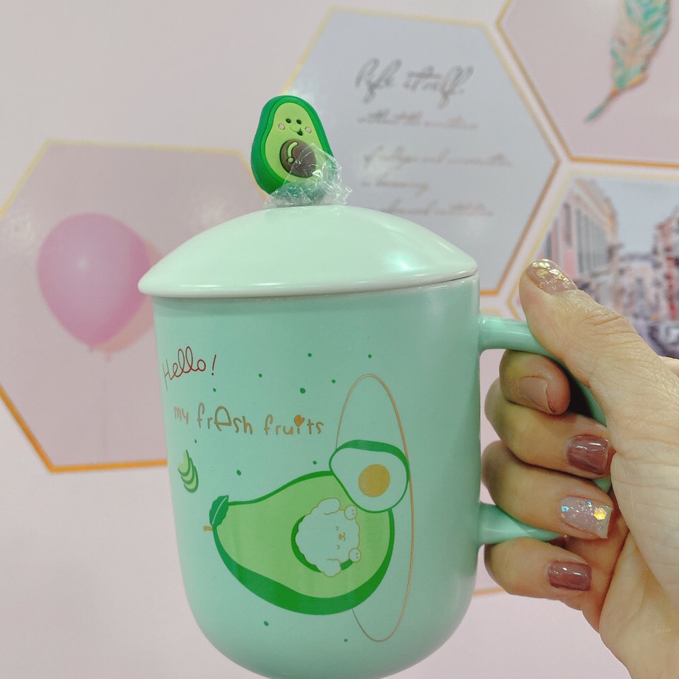 Ly cốc sứ cute chất lượng cao đáng yêu 400ml có nắp