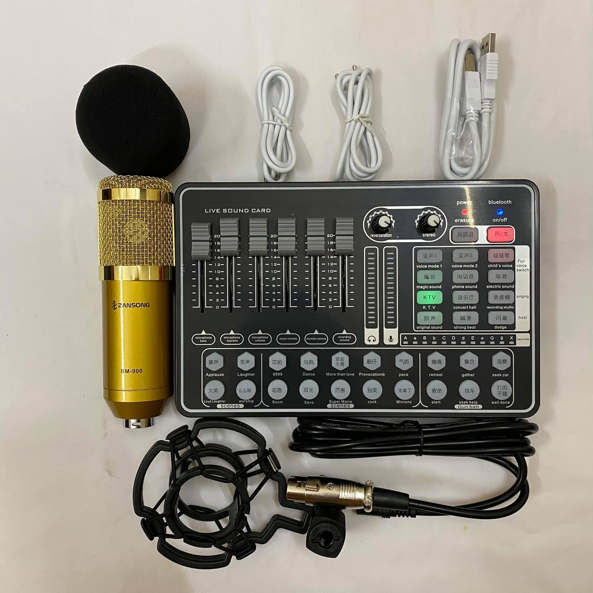 TRỌN BỘ COMBO Sound card H9 Bluetooth Auto Tune Mic Livestream Thu Âm ZANGSONG BM900