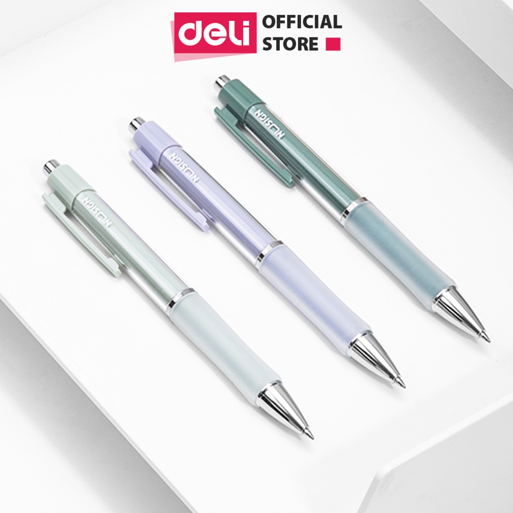 Bút bi dạng gel mực đen cao cấp Deli- ngòi 0.5mm đầu bấm - Xám/Xanh lá/Tím - 1 chiếc - NS645