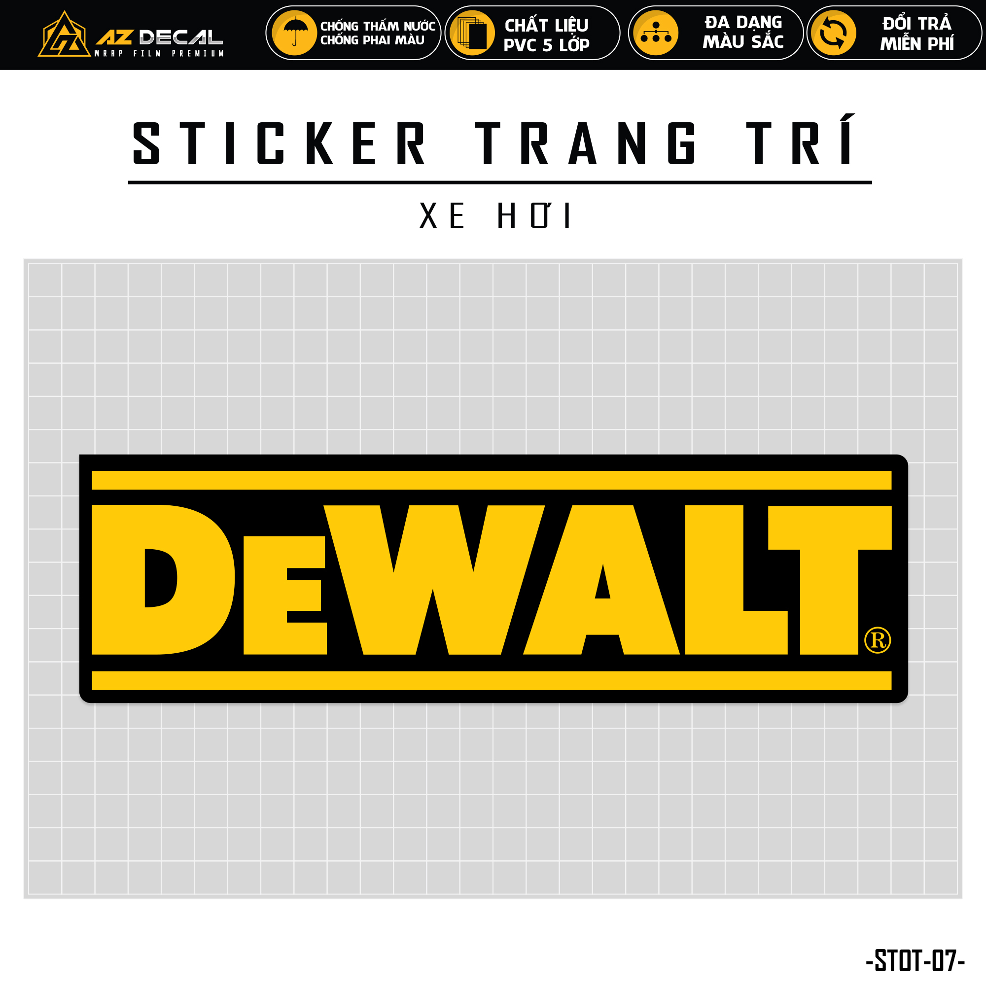  Tem Dán Xe Ô Tô Mẫu DEWALT | STOT-07 | Sticker Oto Xe Hơi Dán Sườn Xe Cản Sau Kính Lái Cửa... Chống Nước Bền Màu - Azdecal 