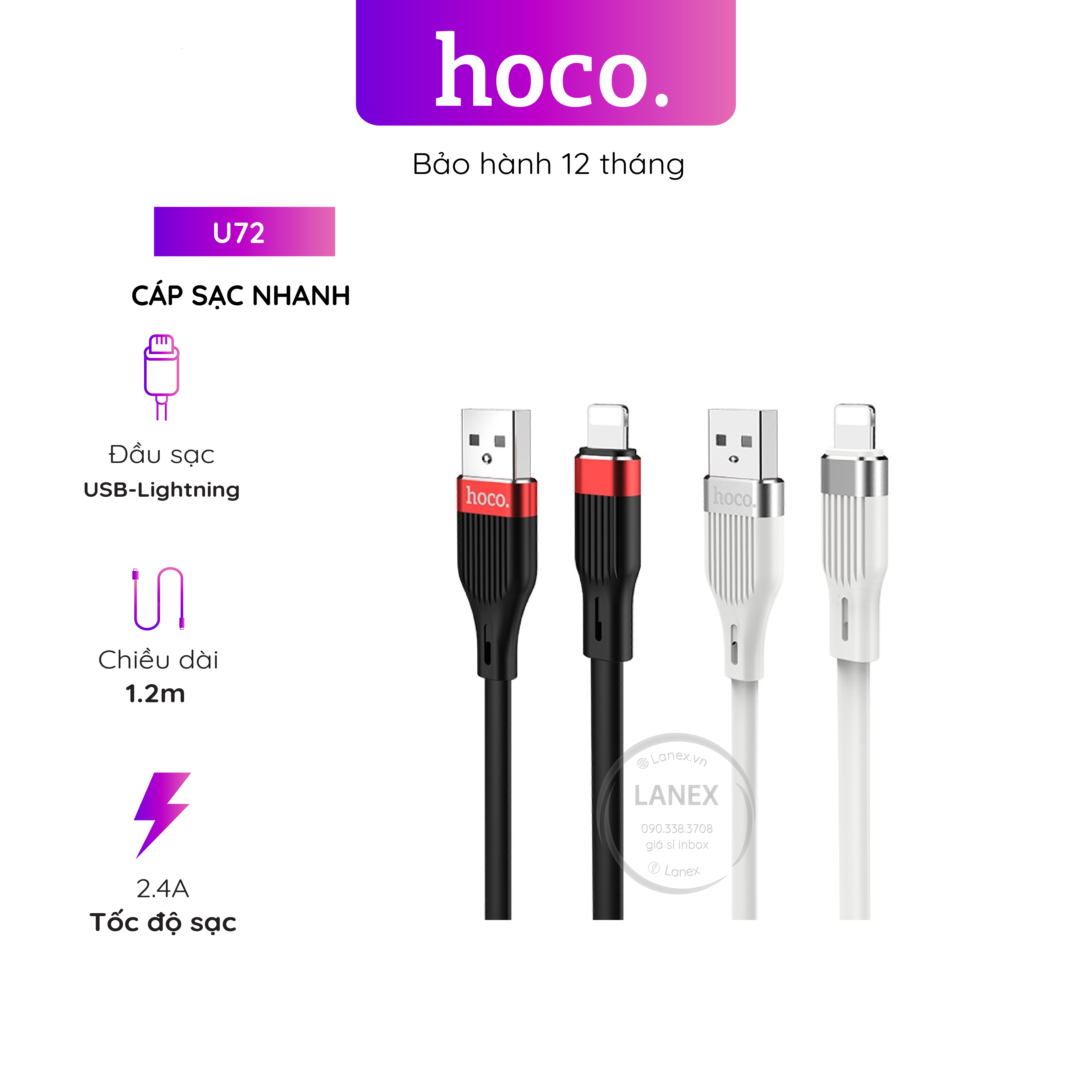 Cáp sạc nhanh hoco u72 dây silicone lightning 2.4a dài 1.2m
