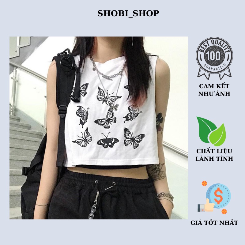 Áo croptop nữ 3 lỗ dưới 55kg kiểu không cổ 9 con bướm Shobi