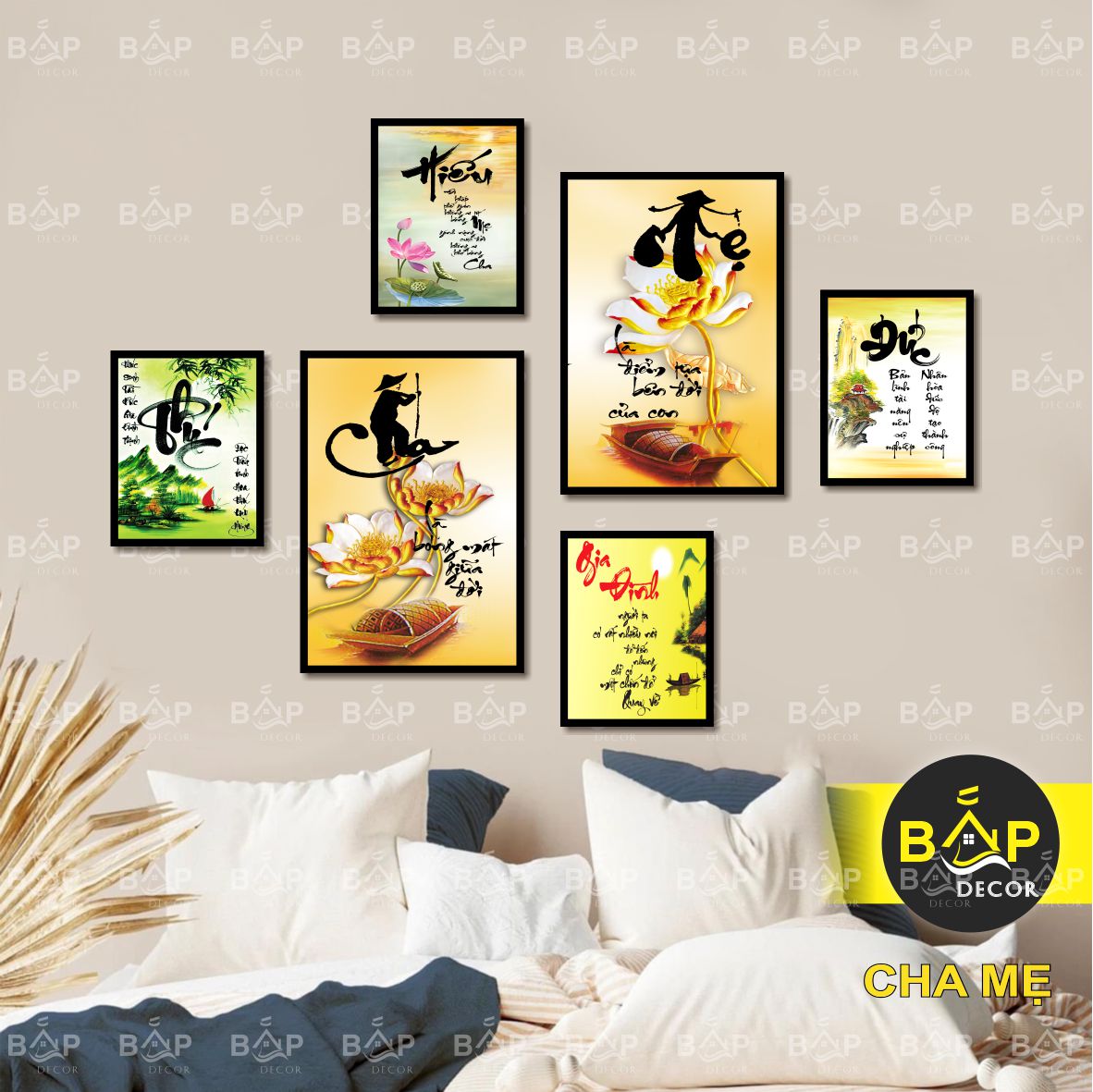 Tranh dán tường, tranh thư pháp trang trí phòng khách chủ đề Cha Mẹ nhiều ý nghĩa quà tặng tân gia Bắp Decor