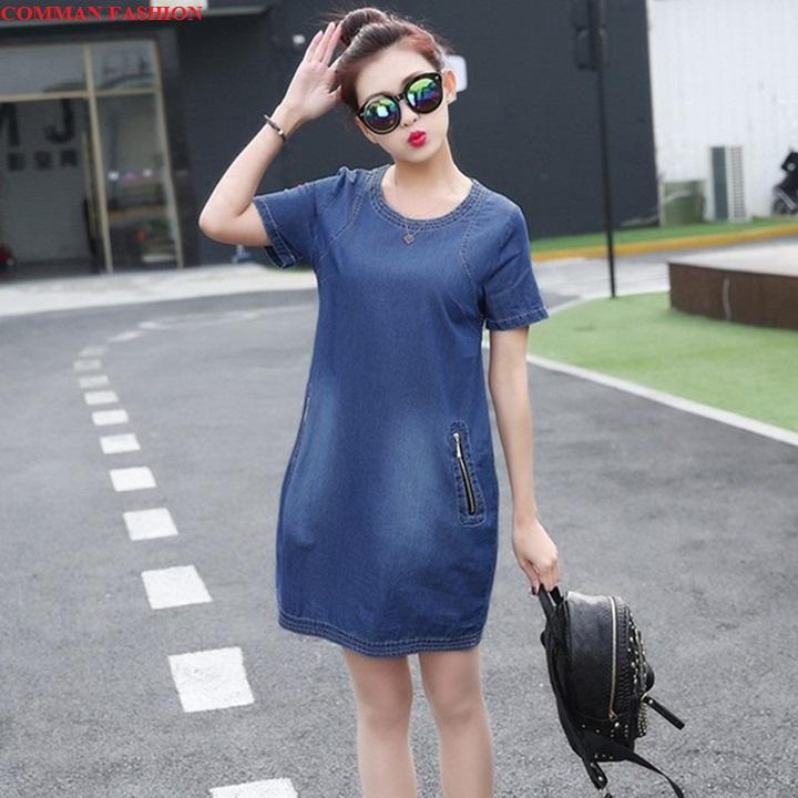 [HCM]CAO CẤP Đầm Jean Cổ Tròn Phối Dây Kéo Túi 3724