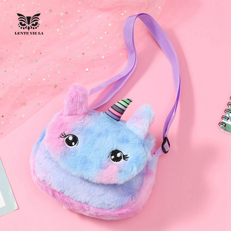 Túi Đeo Vai Hình Kỳ Lân Đáng Yêu LENTE VIE LA Túi Đưa Thư Hình Kỳ Lân Màu Cầu Vồng Hoạt Hình Bằng Nhung Lông Cho Trẻ Em Túi Đeo Vai Có Khóa